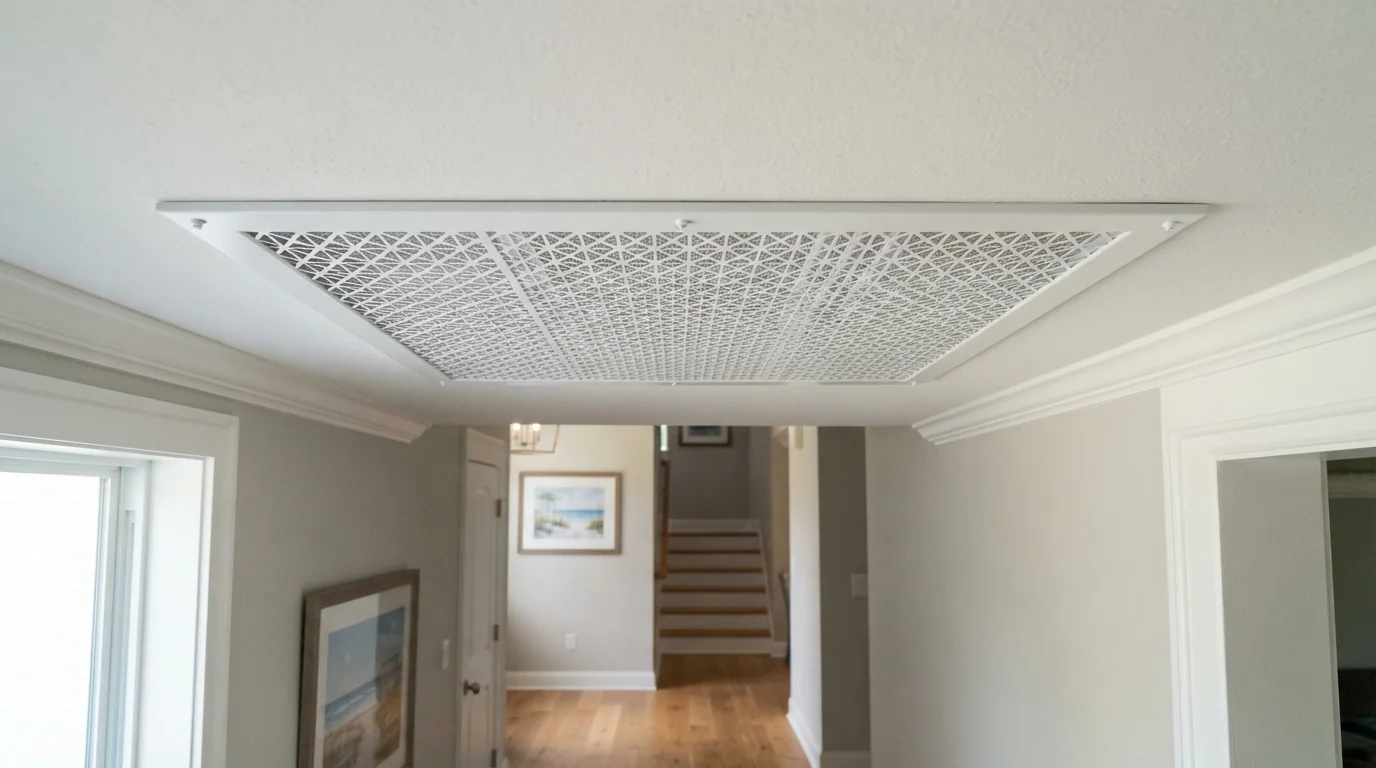 Upgraded return air grille in a hallway ceiling
