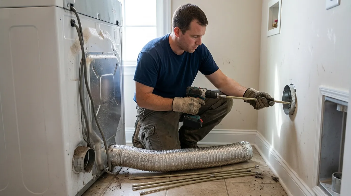photo, technician cleaning a dryer vent duct with a rotary brush behind a laundry room dryer, Jacksonville Florida home, natural light, prestonreeves-jax-dryer-vent-cleaning-1