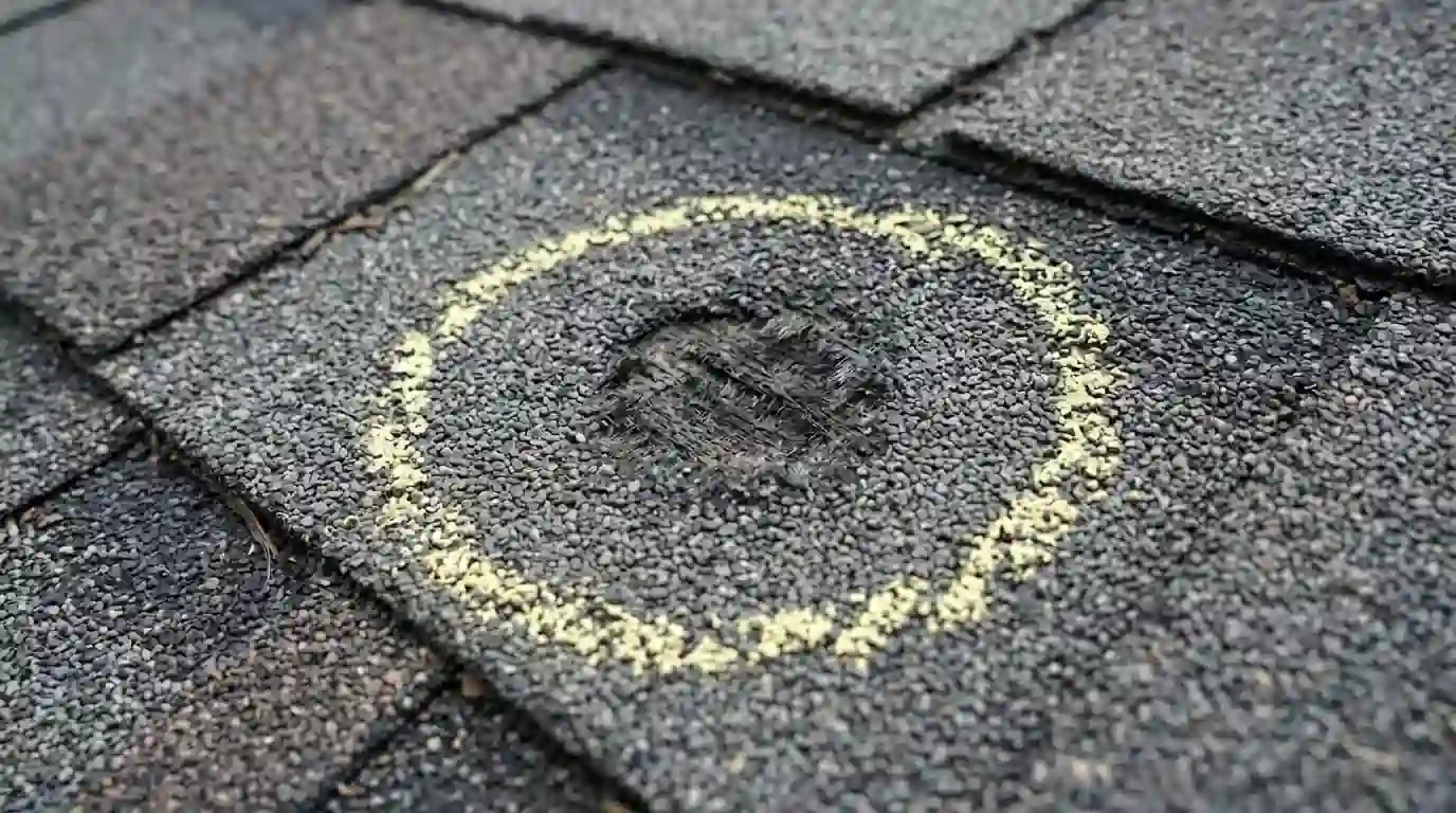 Hail bruise circled on a shingle