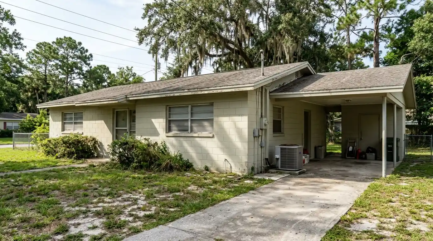 photo, 1950s concrete block ranch home in Cedar Hills on Jacksonville's Westside with a heat pump beside the carport, Jacksonville Florida home, natural light, prestonreeves-jax-area-westside-1