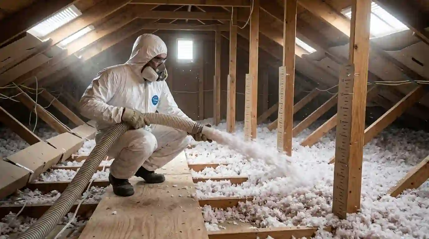Blown-in insulation to marked depth in a Dallas attic