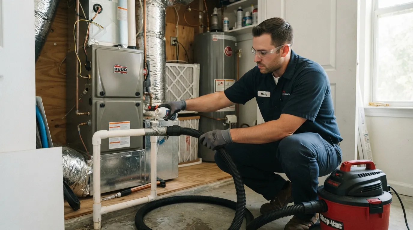 Technician flushing a condensate drain line during a maintenance visit