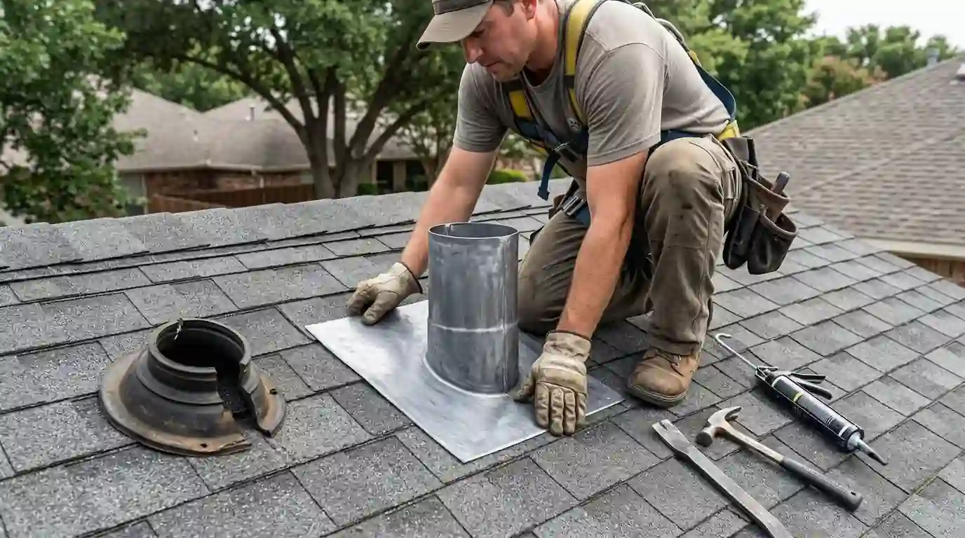 Split pipe boot replaced during a Dallas roof tune-up