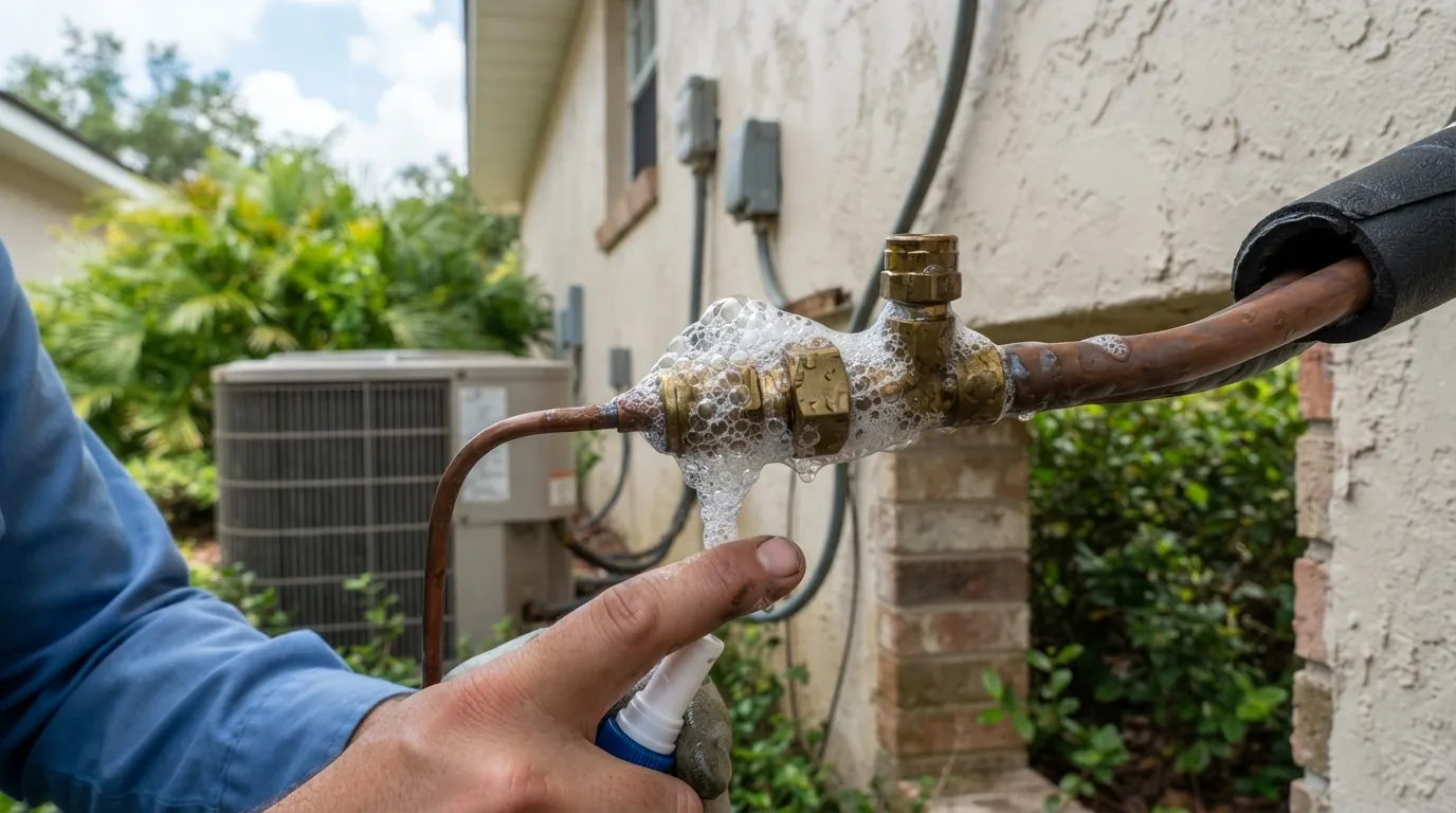 Bubble test showing a leak at an AC fitting
