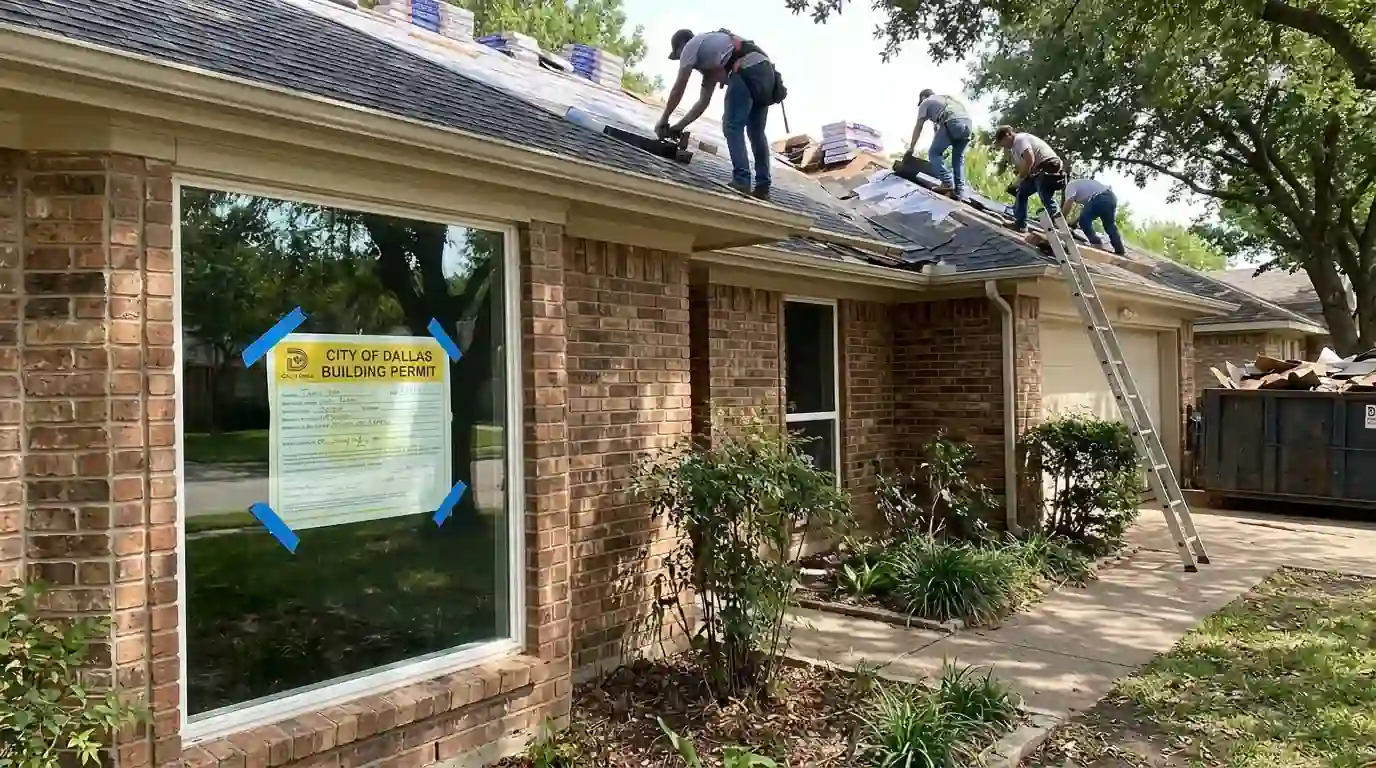 Roofing permit posted during a Dallas re-roof