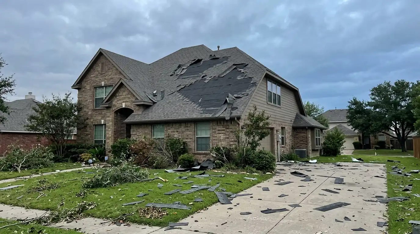 Wind-torn shingles exposing underlayment on a Dallas roof