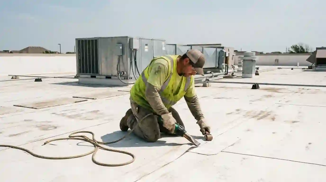 TPO seam re-welded on a Dallas commercial roof