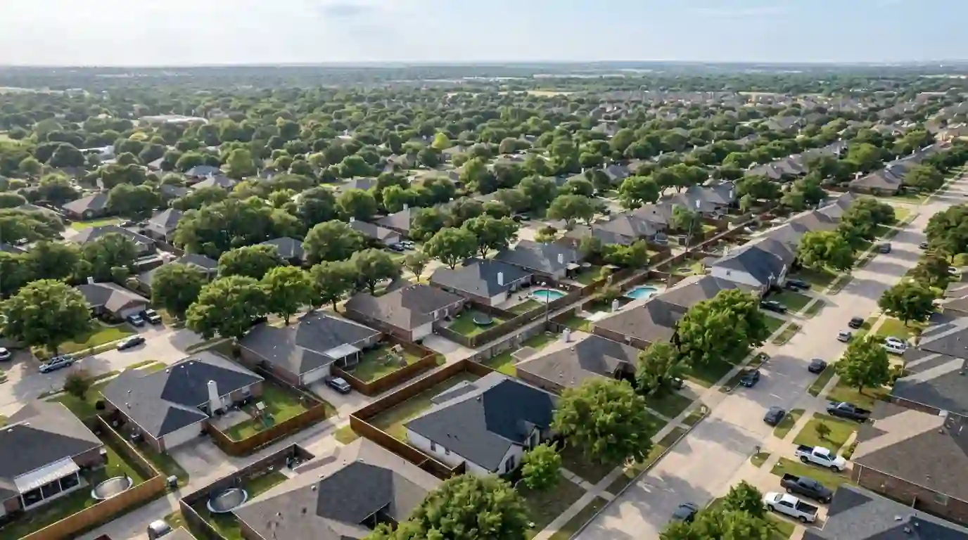 Older roofs across a Dallas County neighborhood