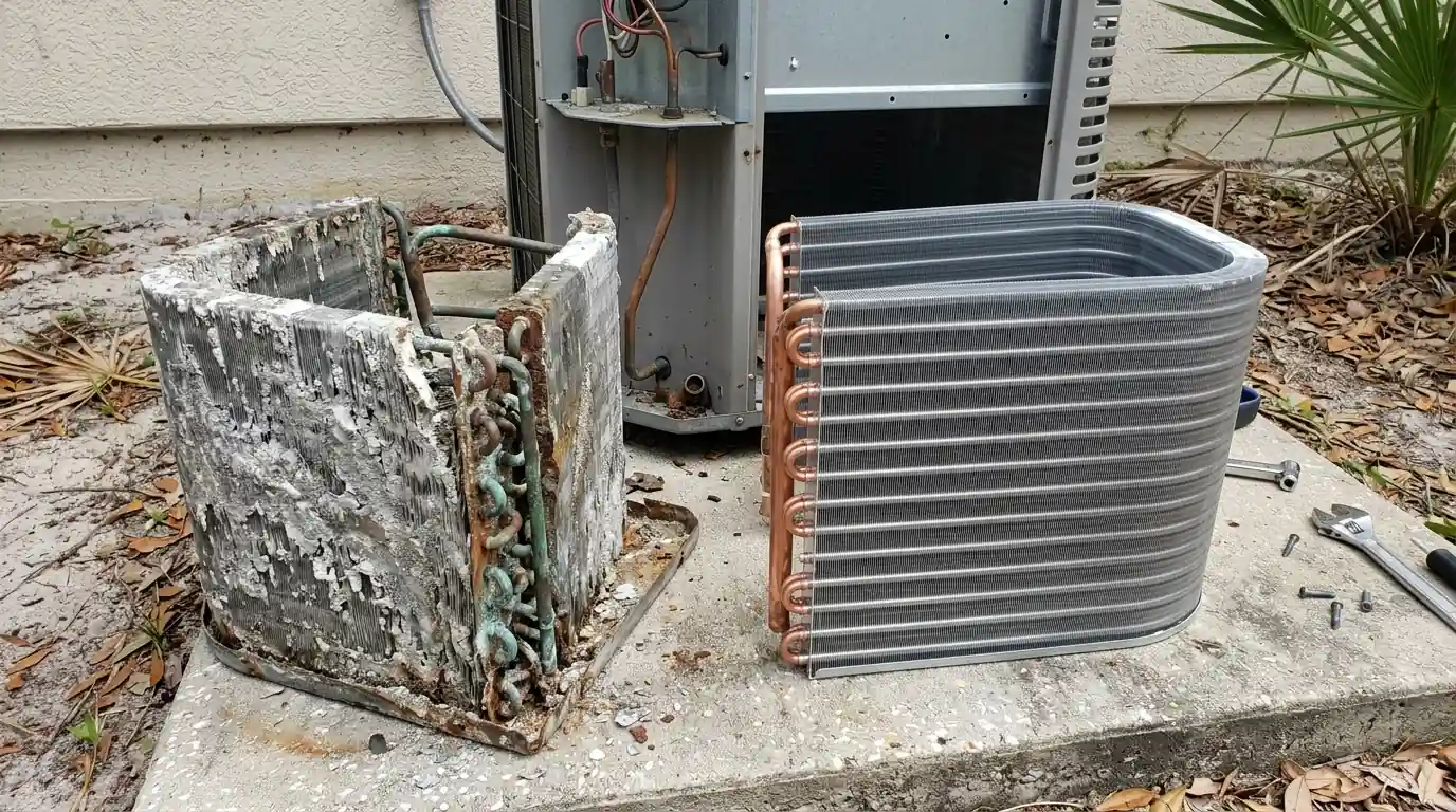 photo, close-up of a salt corroded outdoor AC condenser coil with flaking fins next to a new replacement coil, Jacksonville Florida home, natural light, prestonreeves-jax-condenser-coil-replacement-1