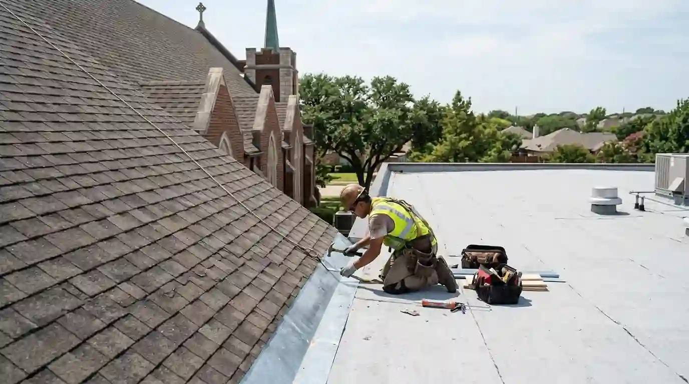 Church roof transition between steep and flat sections
