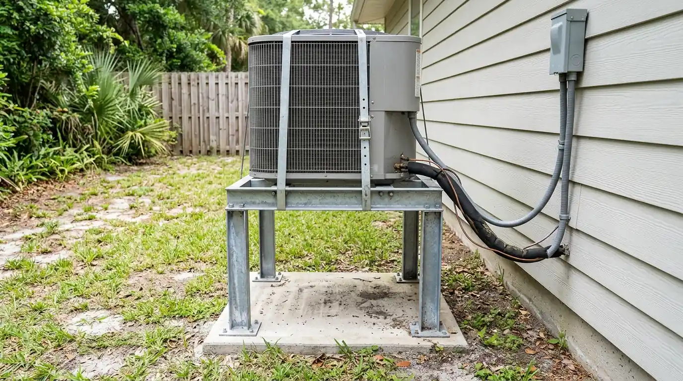 photo, outdoor condenser mounted on a raised galvanized stand above a low Florida yard with the refrigerant lines extended, Jacksonville Florida home, natural light, prestonreeves-jax-hurricane-tie-down-condenser-stand-2