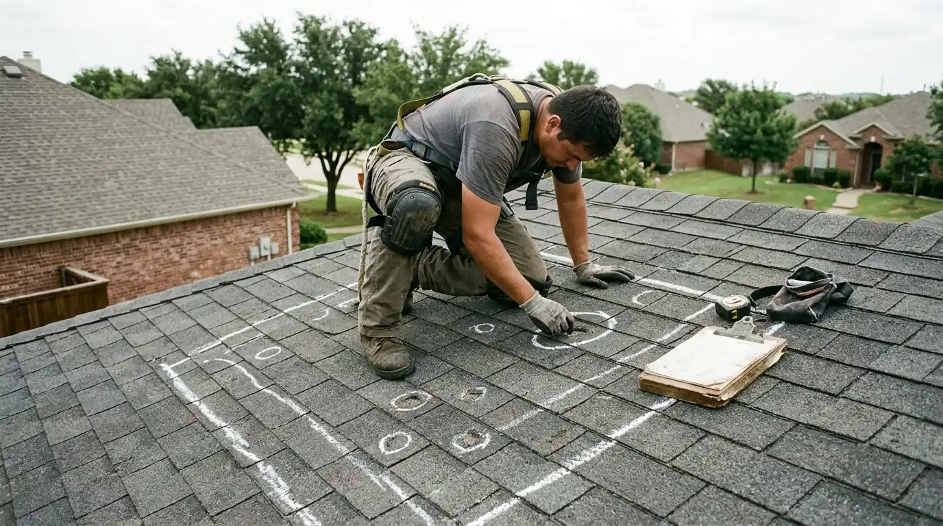 Hail hits chalked inside a test square on a Dallas roof