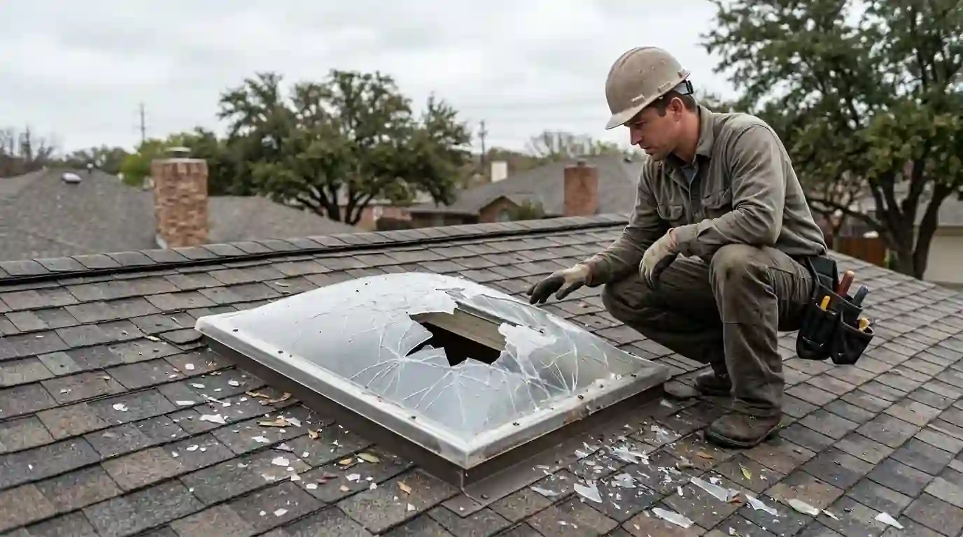 Hail-broken skylight on a Carrollton roof