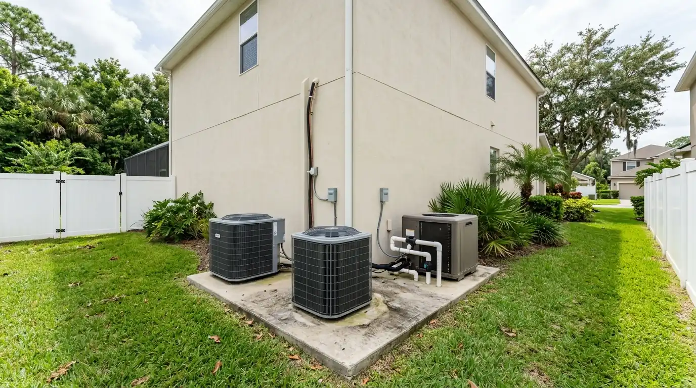 photo, large two-story Fruit Cove Florida home in Julington Creek with two condensers and a pool heat pump on a side yard pad, Jacksonville Florida home, natural light, prestonreeves-jax-area-fruit-cove-1