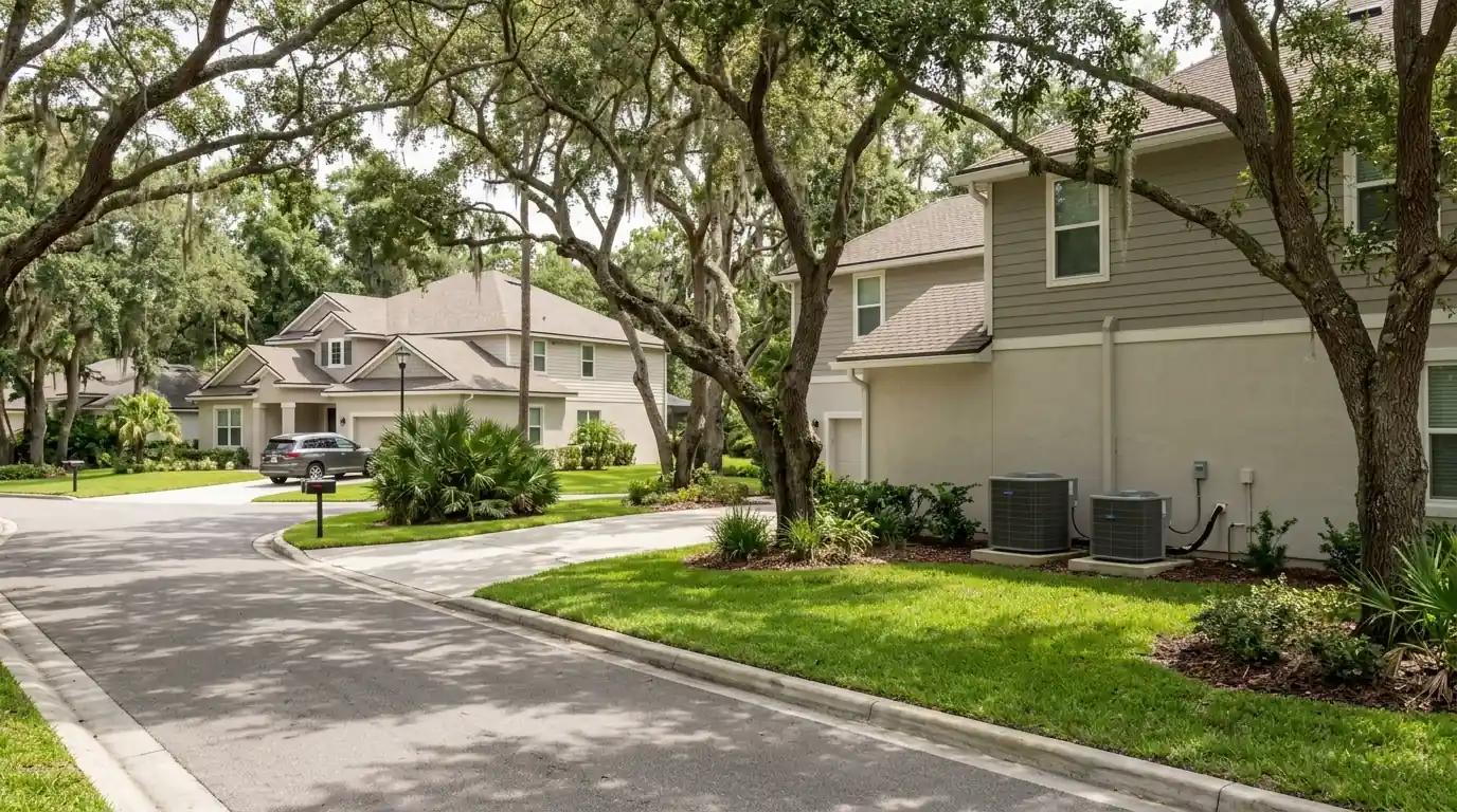 photo, Orange Park Florida neighborhood street with heat pumps beside newer homes and live oaks, Jacksonville Florida home, natural light, prestonreeves-jax-area-orange-park-1