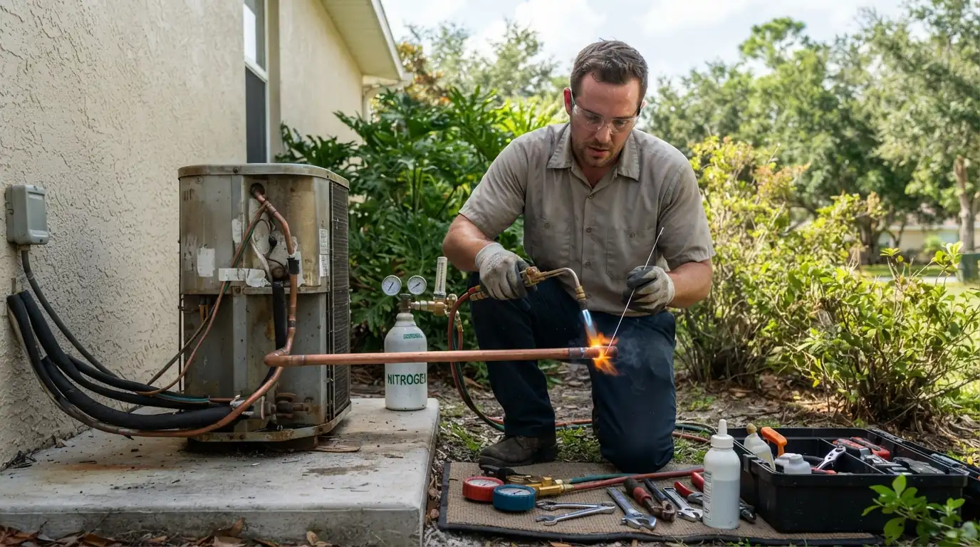 Technician brazing a line set during an AC replacement