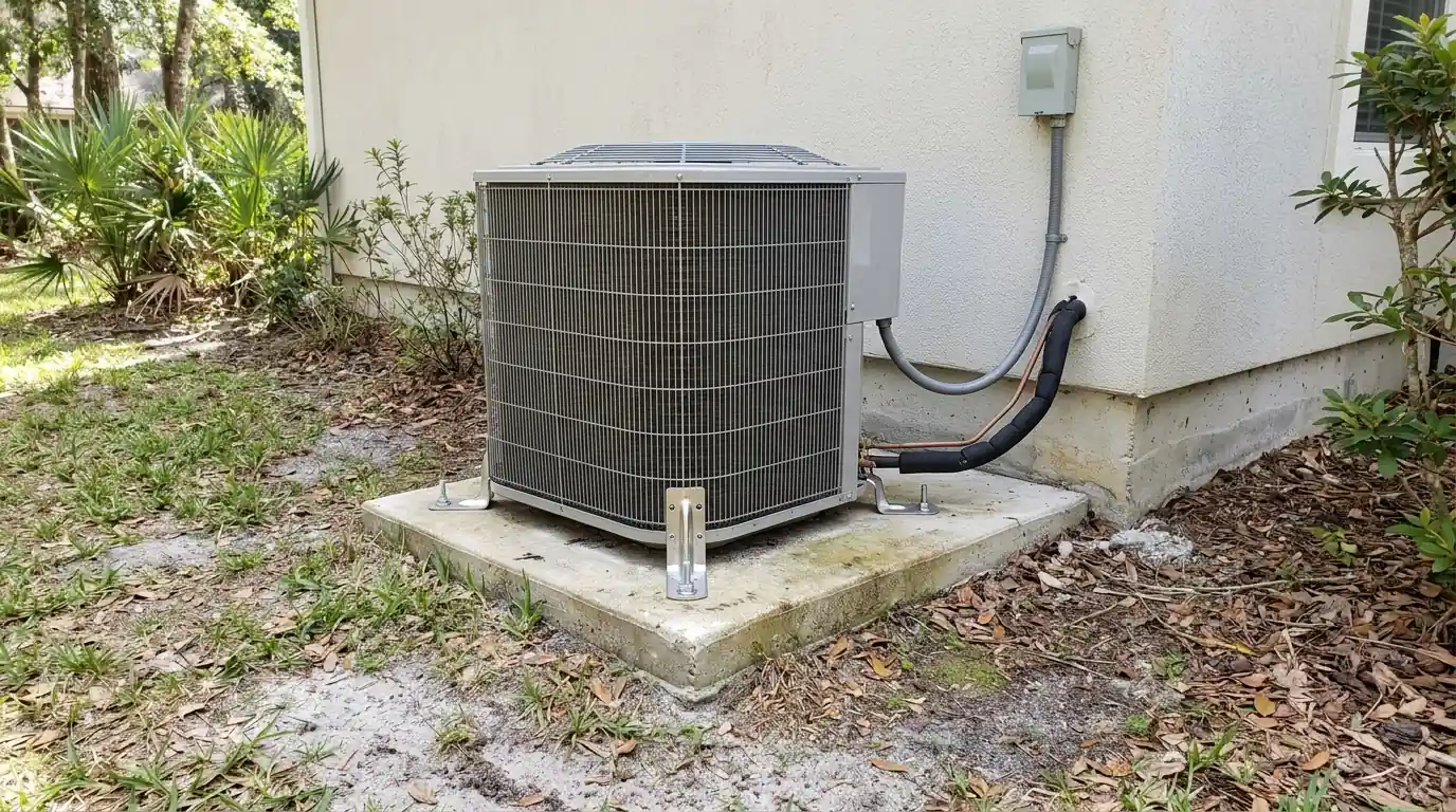 photo, outdoor AC condenser bolted to a concrete pad with stainless tie-down clips at each corner beside a Florida home, Jacksonville Florida home, natural light, prestonreeves-jax-hurricane-tie-down-condenser-stand-1