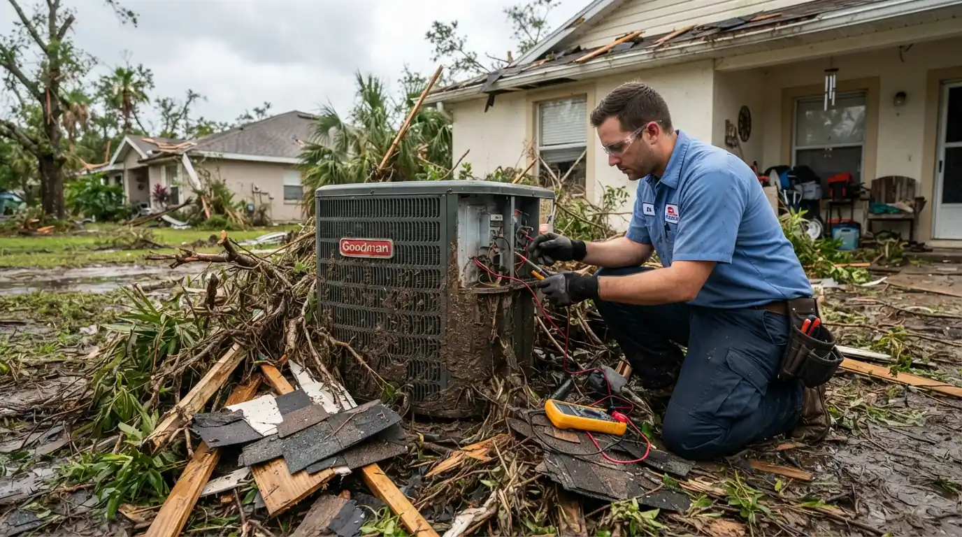 Inspecting an AC unit after a storm