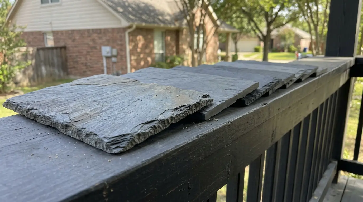Natural and synthetic slate samples compared on a Dallas porch