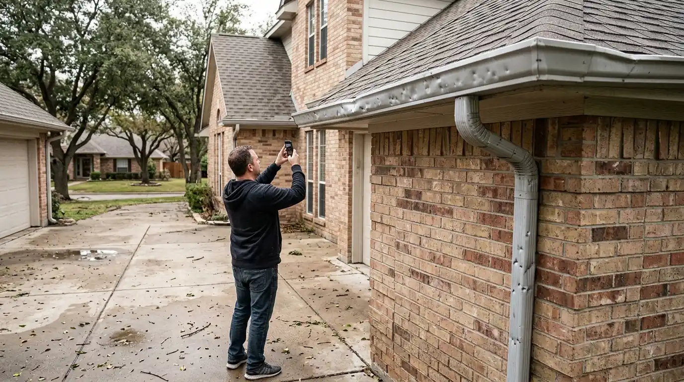 Photographing hail-dented gutters after a storm