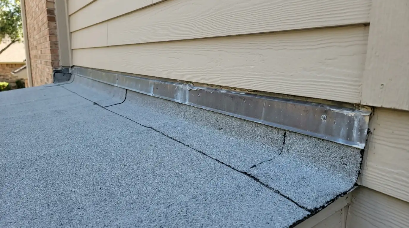 Porch roof tied into a house wall with membrane