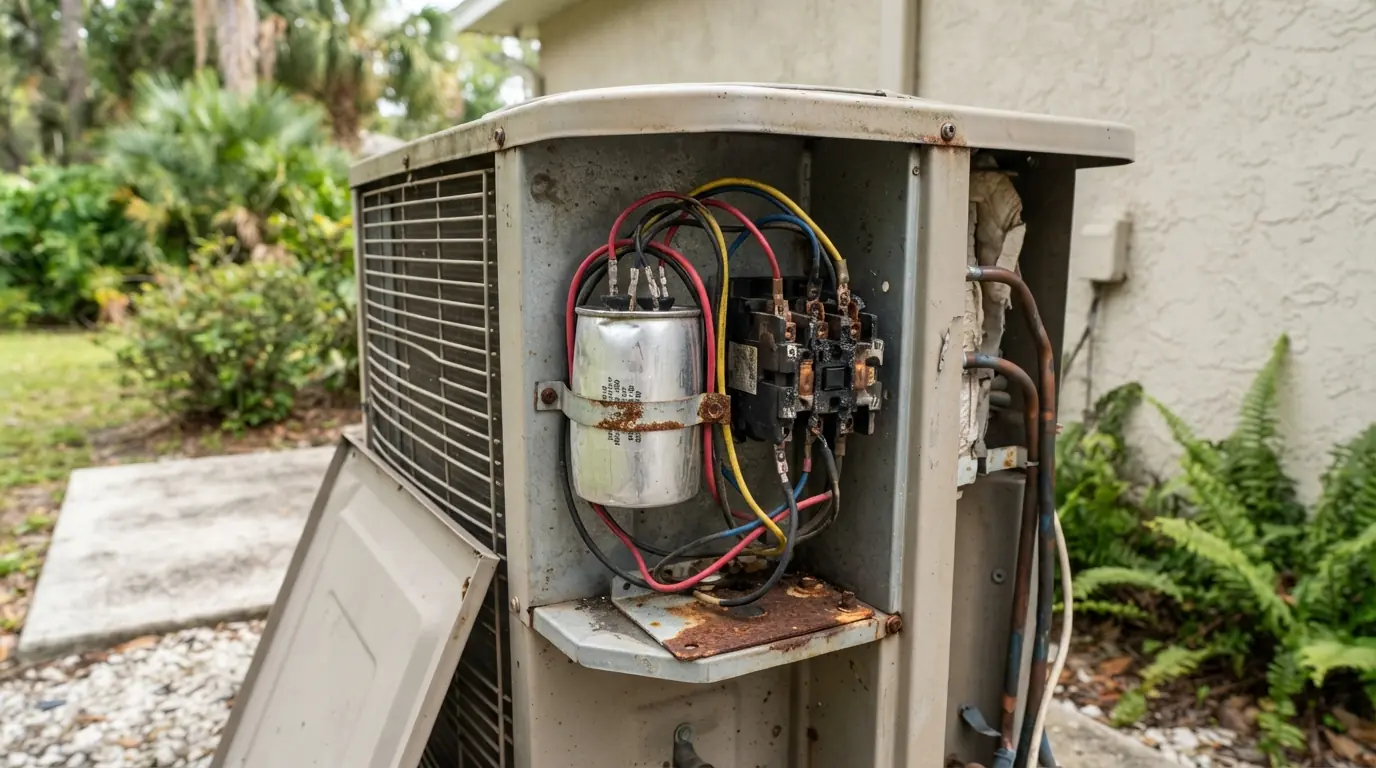 Swollen capacitor inside an outdoor AC unit