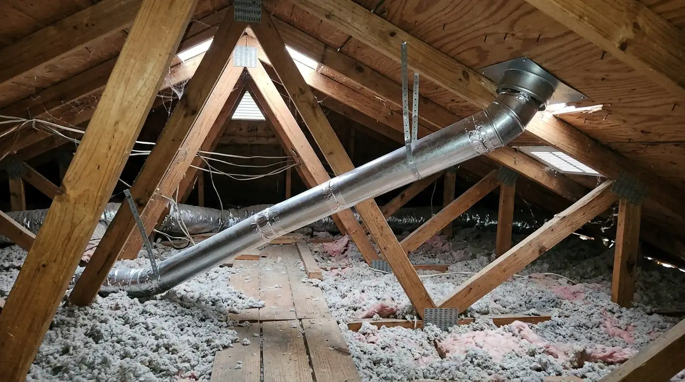 photo, long dryer vent duct running through an attic to a roof termination cap, Jacksonville Florida home, natural light, prestonreeves-jax-dryer-vent-cleaning-2