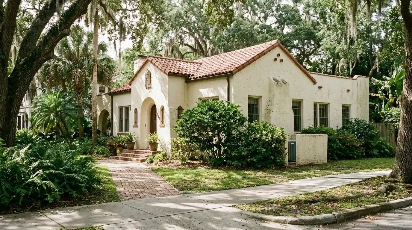 photo, 1920s Mediterranean Revival stucco home in San Marco Jacksonville with a small condenser screened behind shrubs, Jacksonville Florida home, natural light, prestonreeves-jax-area-san-marco-1