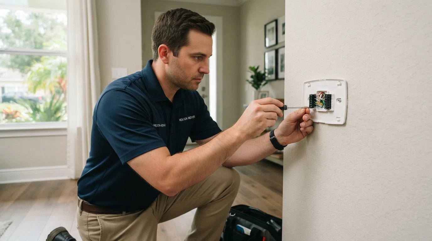 Technician wiring a smart thermostat in a Jacksonville hallway