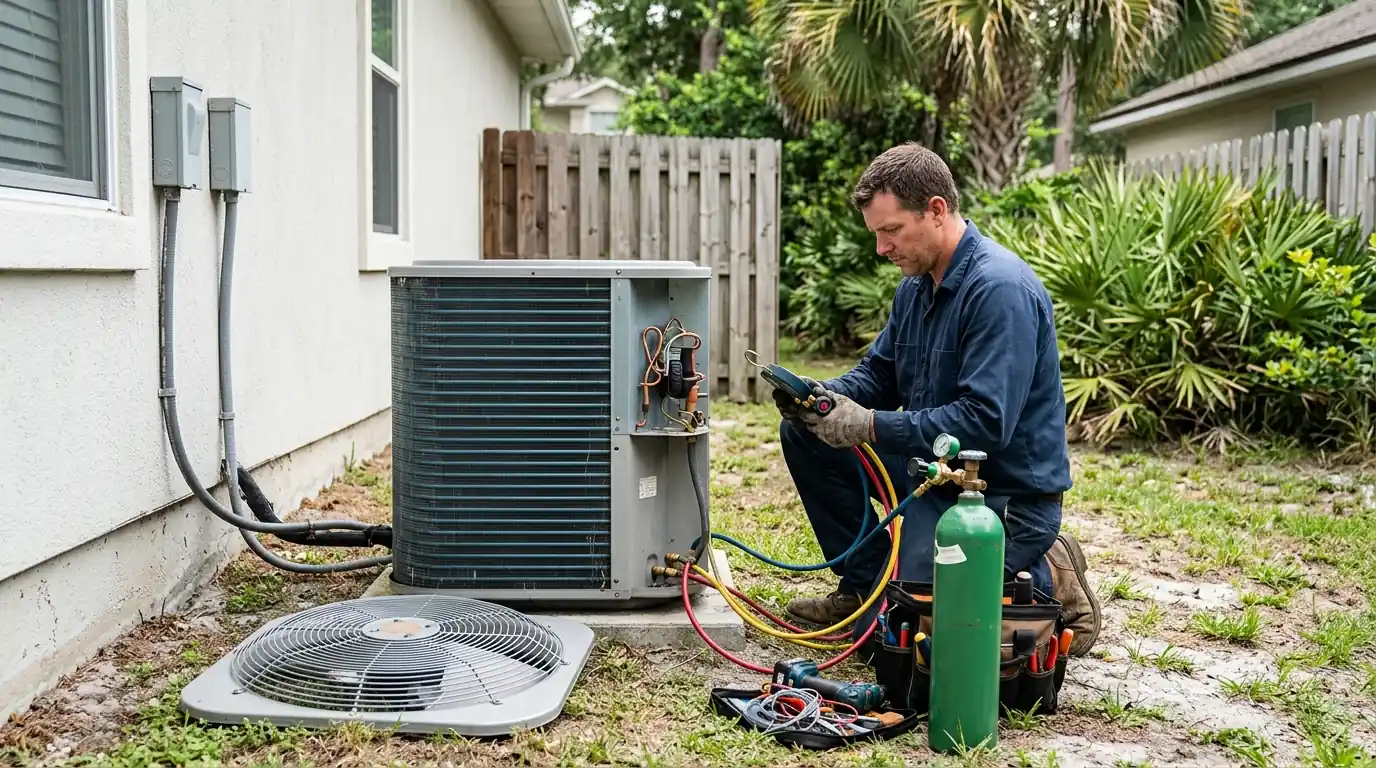 photo, outdoor condenser with the top removed and a technician pressure testing the coil with a nitrogen gauge, Jacksonville Florida home, natural light, prestonreeves-jax-condenser-coil-replacement-2