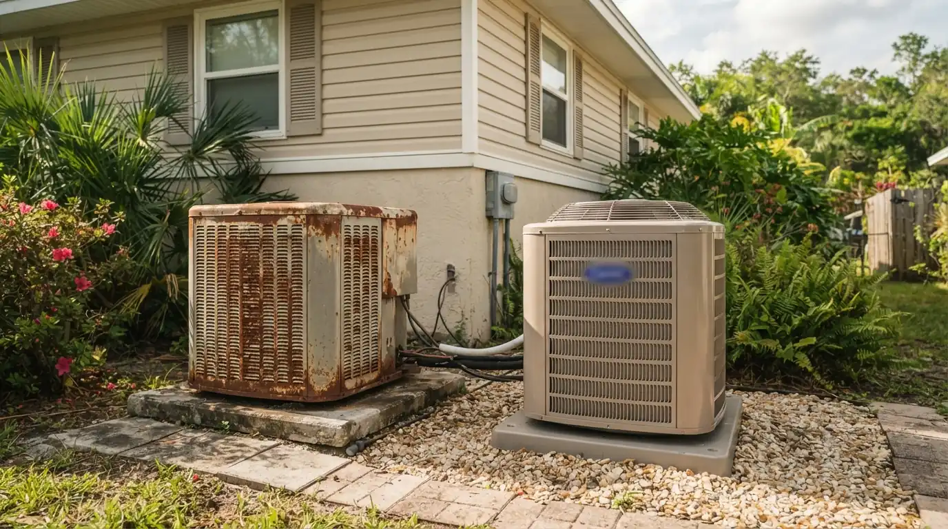 New condenser beside the old unit it replaced
