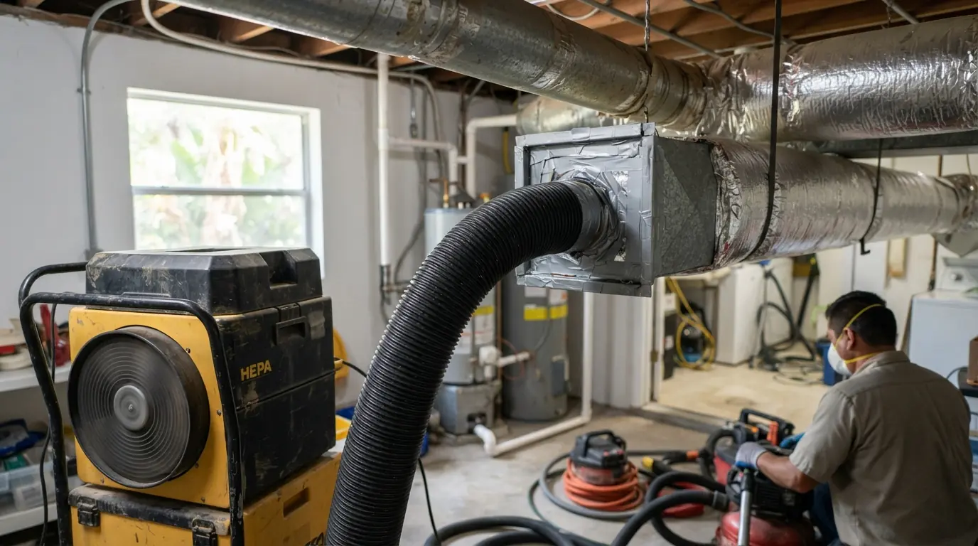 Negative pressure duct cleaning equipment connected to a trunk line
