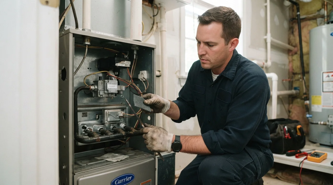 Technician cleaning a gas furnace flame sensor