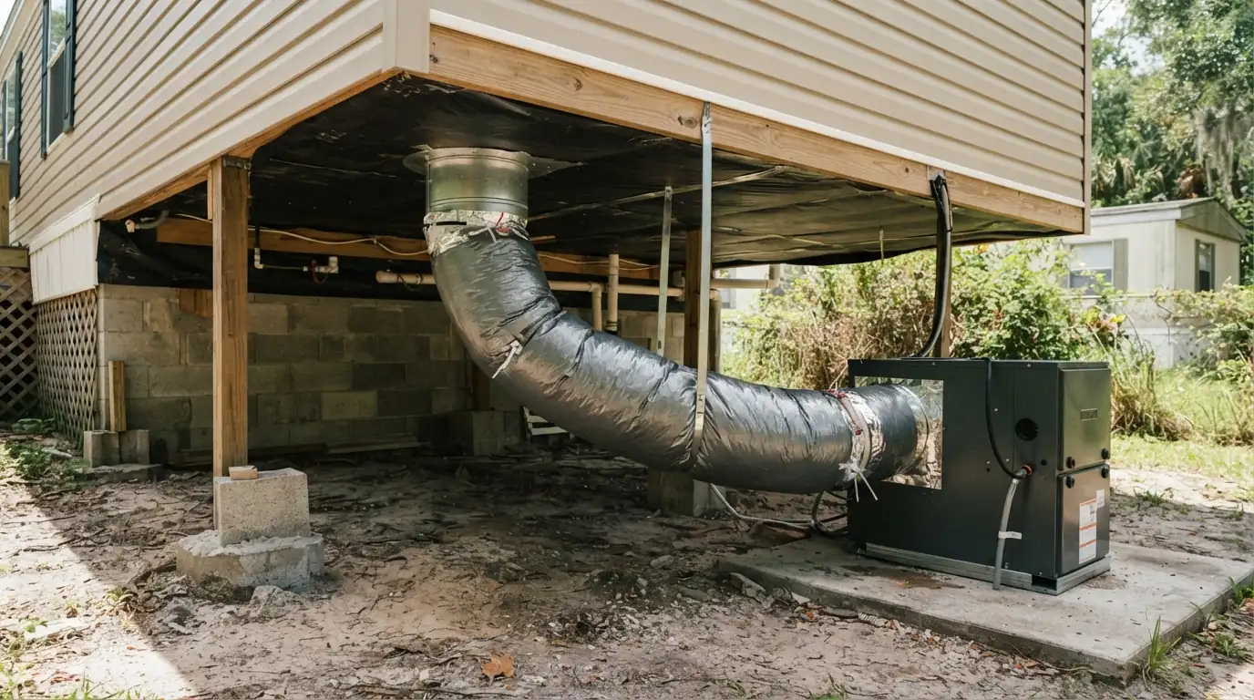 Package unit duct connection under a manufactured home