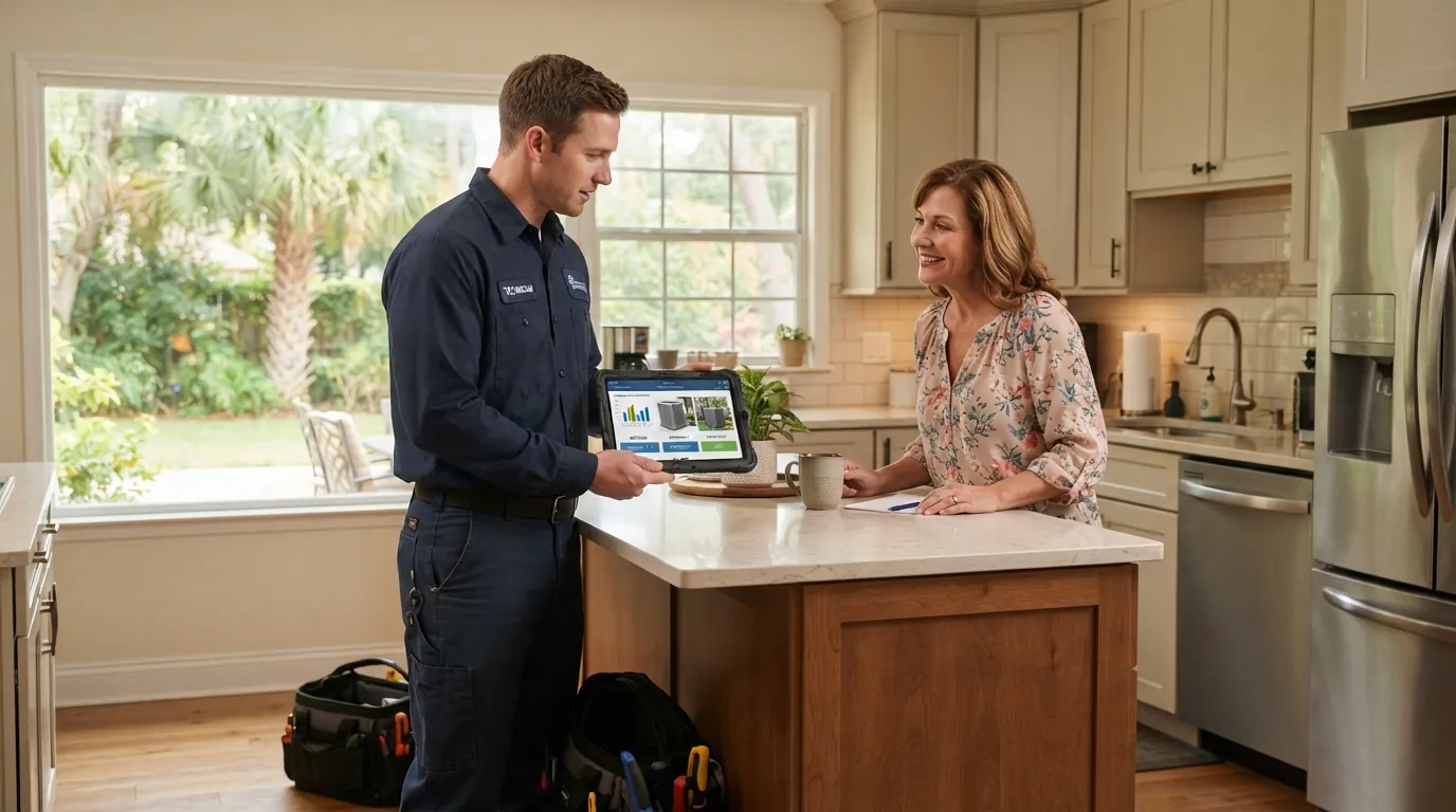 Technician walking a homeowner through HVAC options