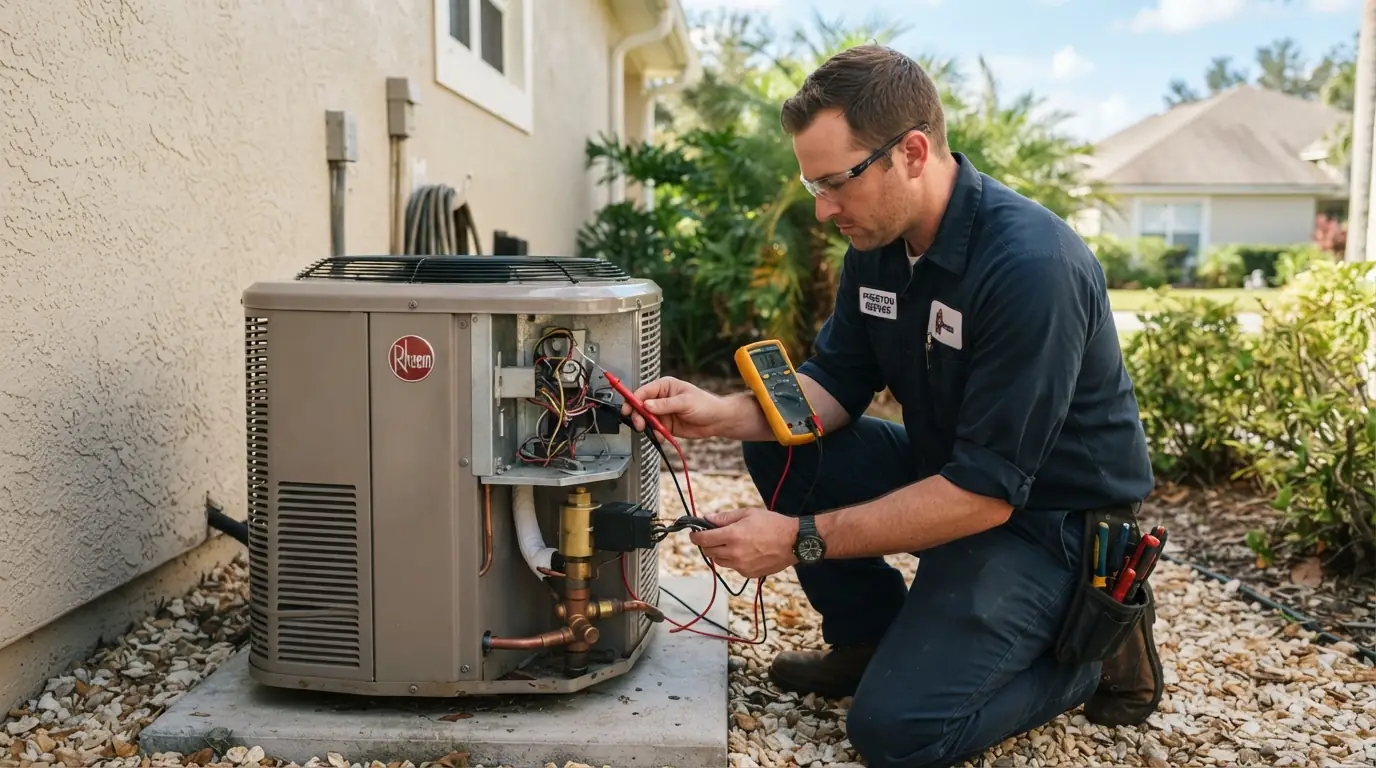 Technician testing a heat pump reversing valve