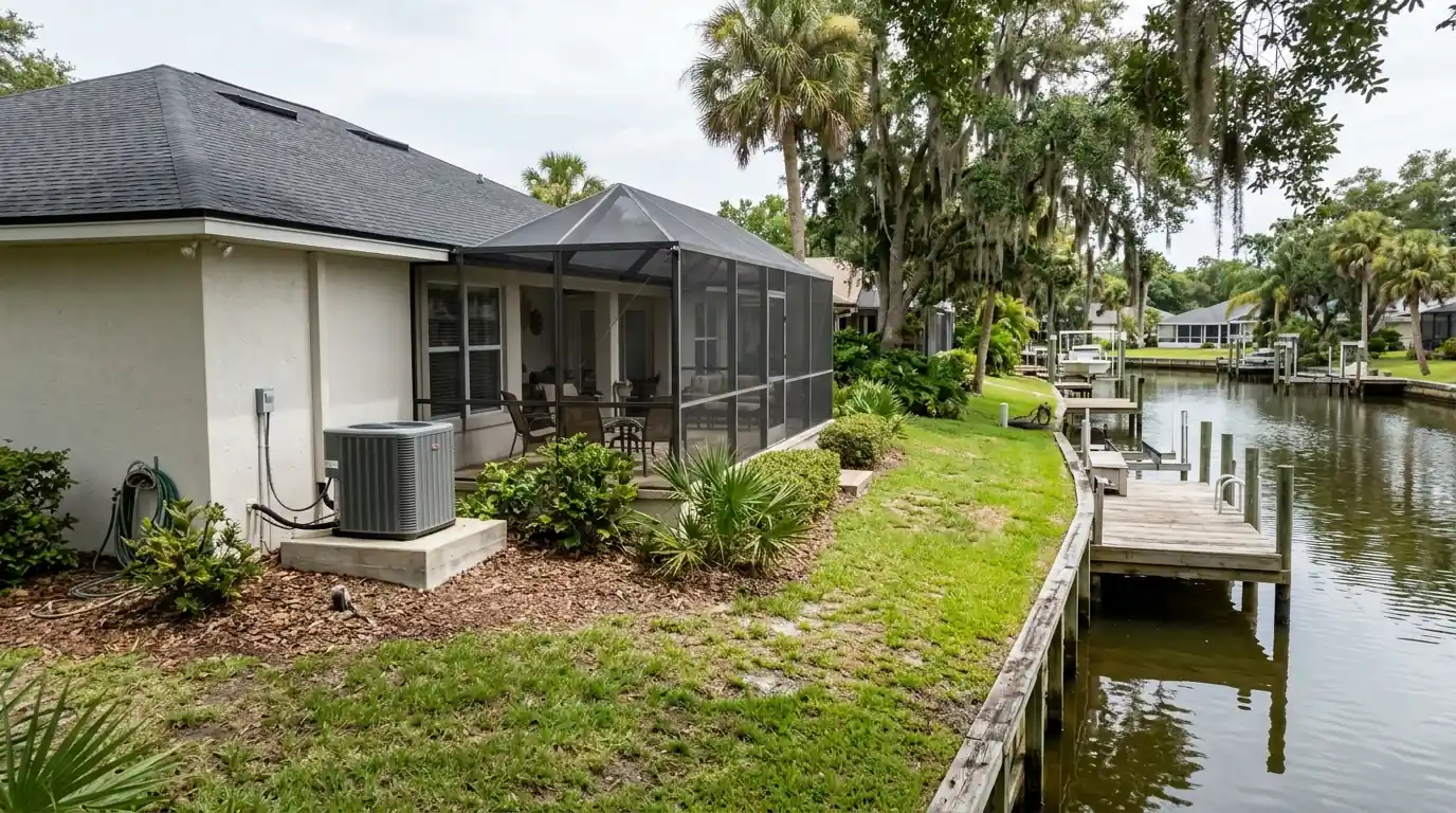 photo, Intracoastal West Jacksonville home on a canal with a boat dock and a condenser on a raised pad beside the lanai, Jacksonville Florida home, natural light, prestonreeves-jax-area-intracoastal-west-1
