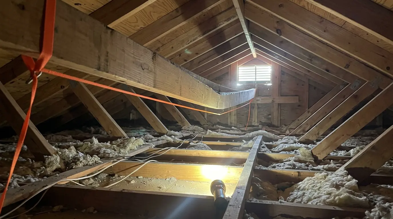 String line along a sagging ridge in a Dallas attic