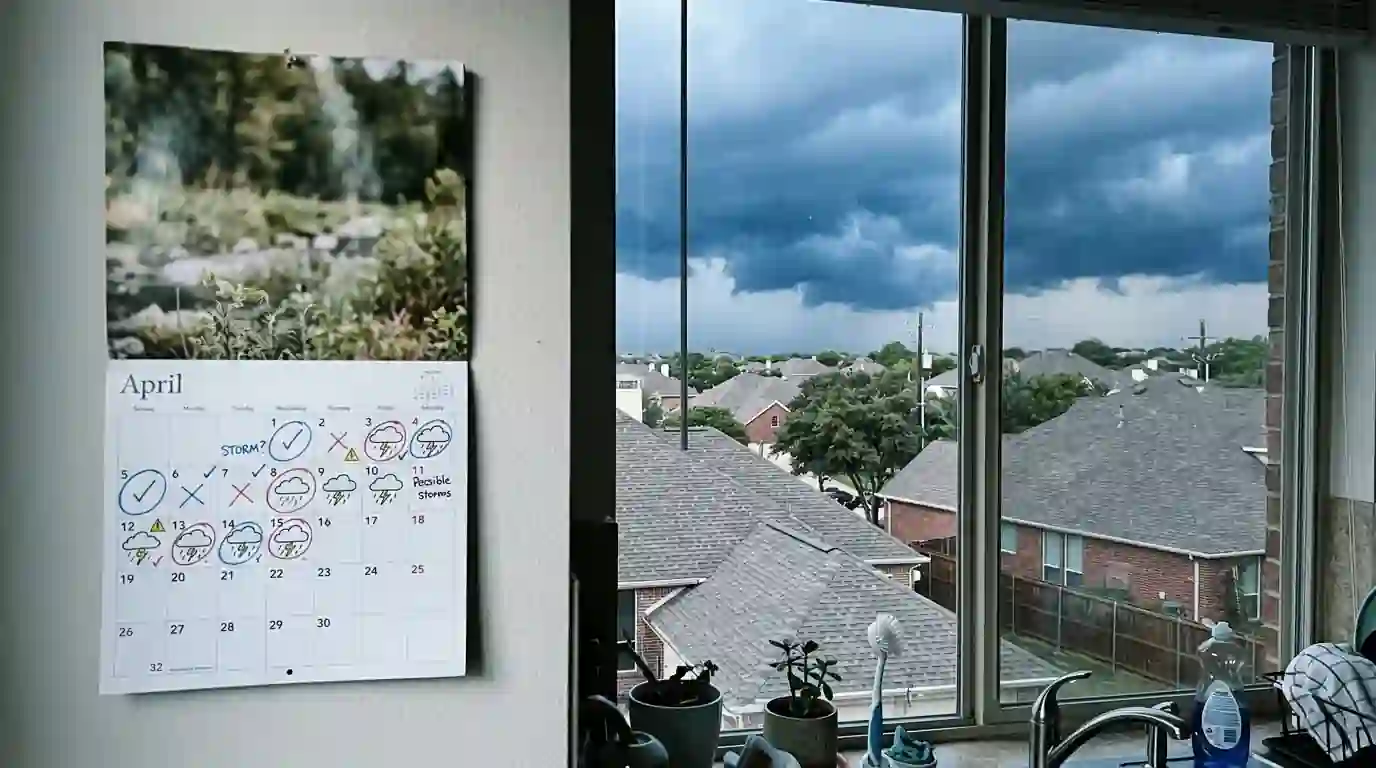 Storm season calendar in a Dallas kitchen
