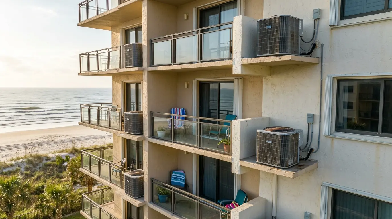 photo, beachfront Jacksonville Beach condo balconies with outdoor AC units on a sunny morning, ocean in the background, Jacksonville Florida home, natural light, prestonreeves-jax-area-jacksonville-beach-1