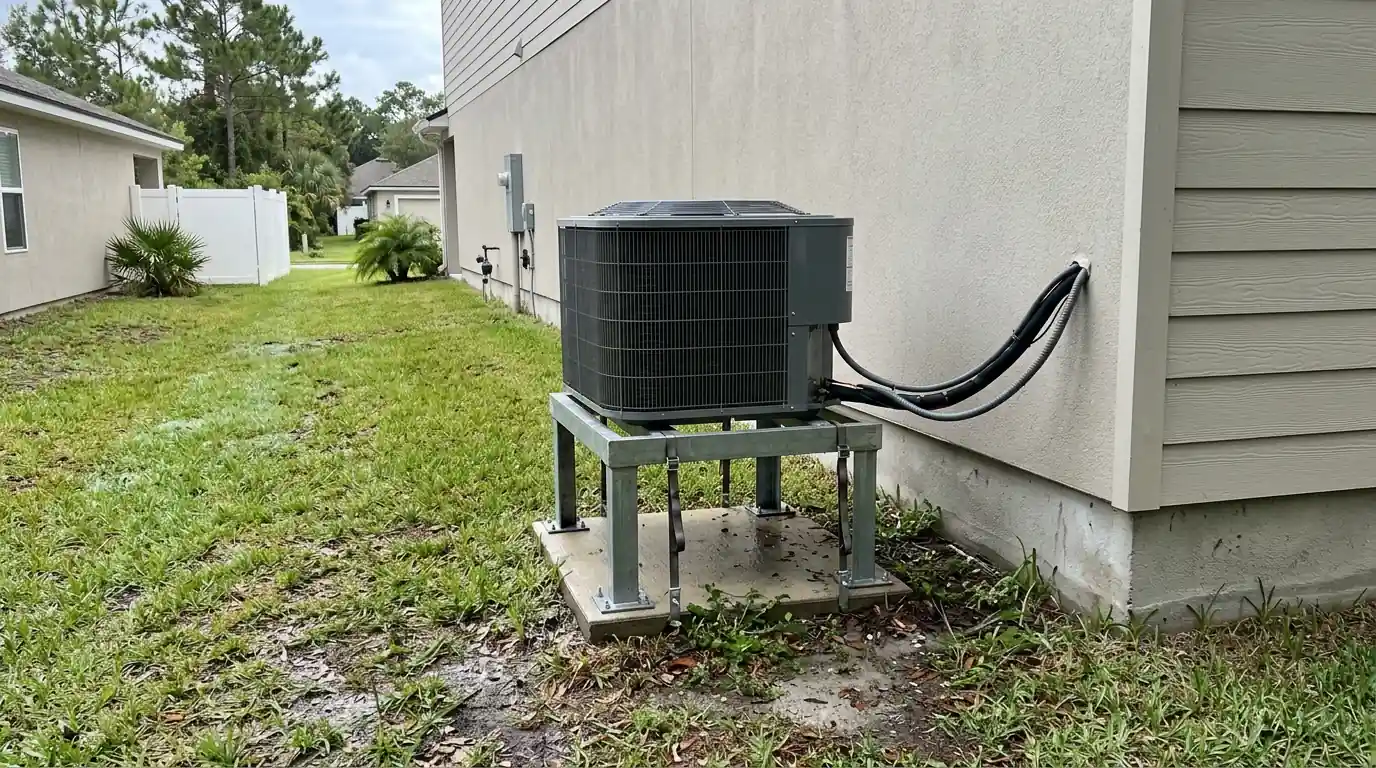 photo, newer Oceanway Jacksonville subdivision home with a condenser on a raised anchored stand above a damp lawn, Jacksonville Florida home, natural light, prestonreeves-jax-area-oceanway-1