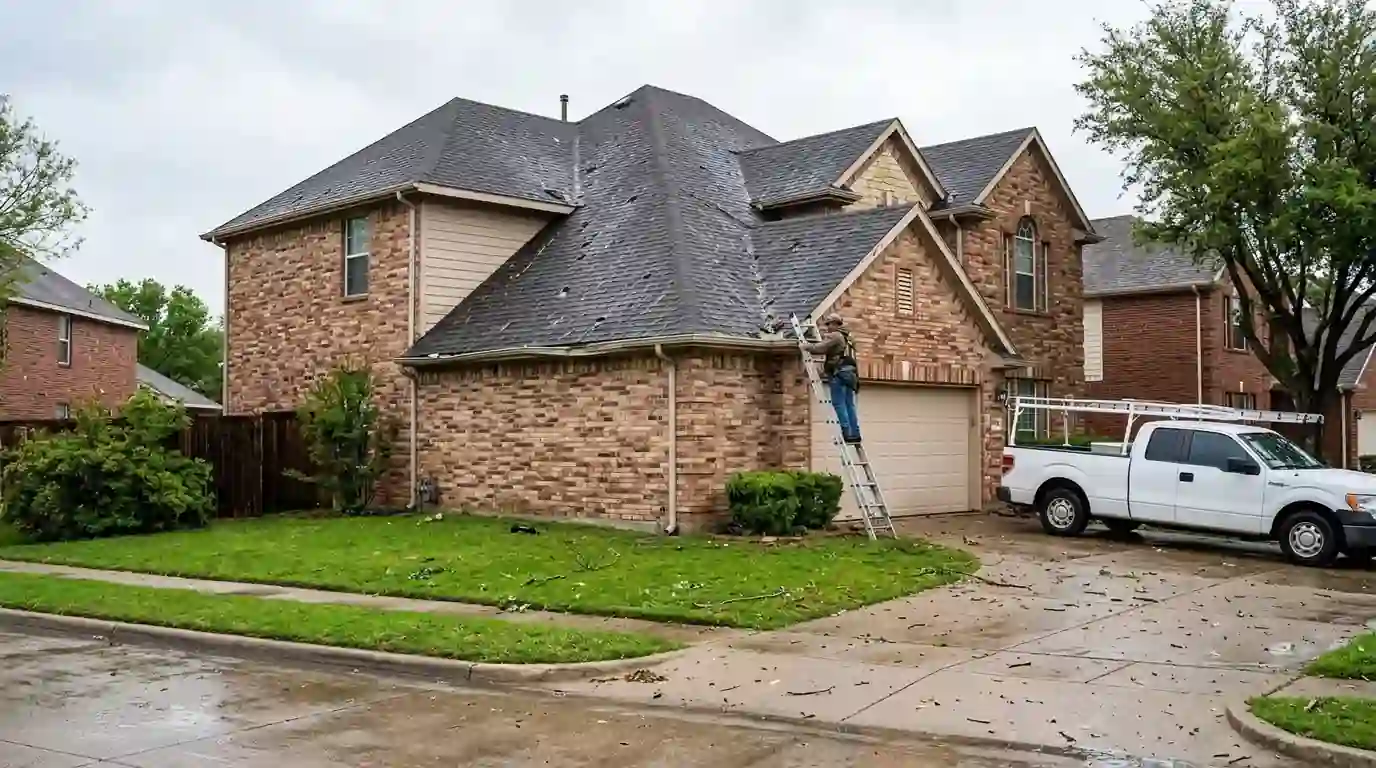 Hail-damaged roof in Arlington, Tarrant County