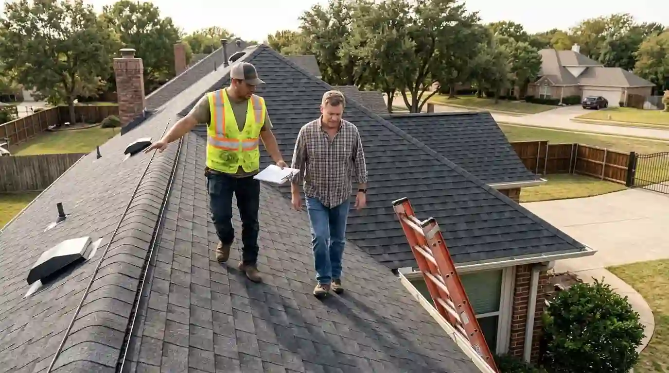 Roofing foreman walking a finished roof with a homeowner in Dallas