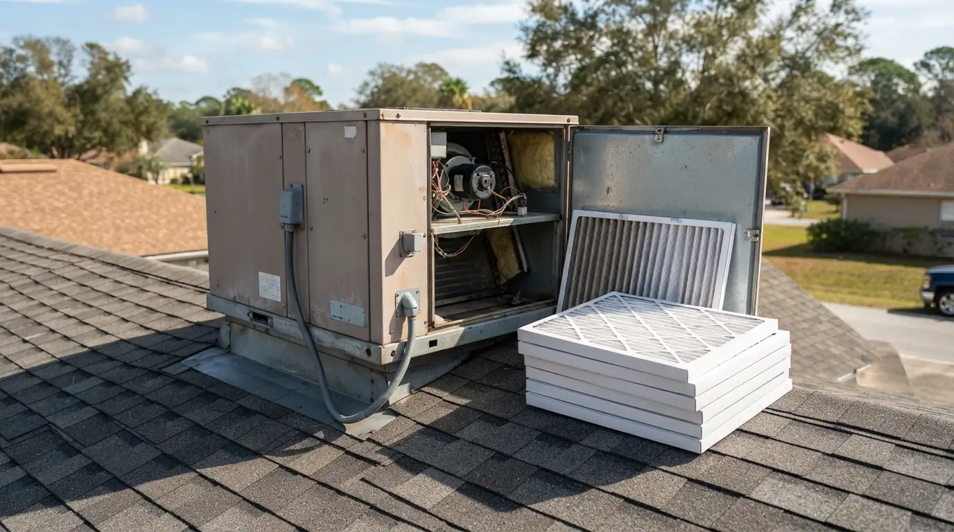 New filters ready for a rooftop unit service
