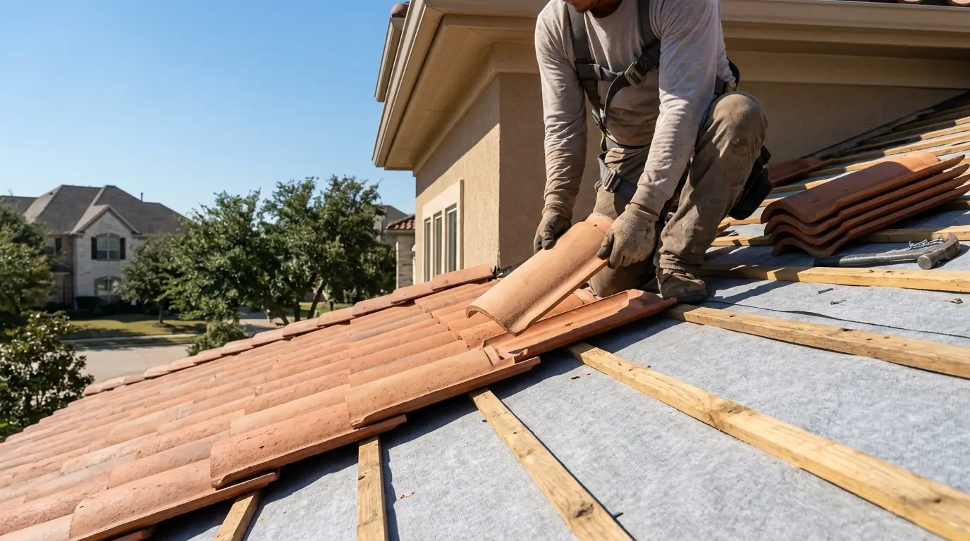 Clay barrel tile being laid over new underlayment