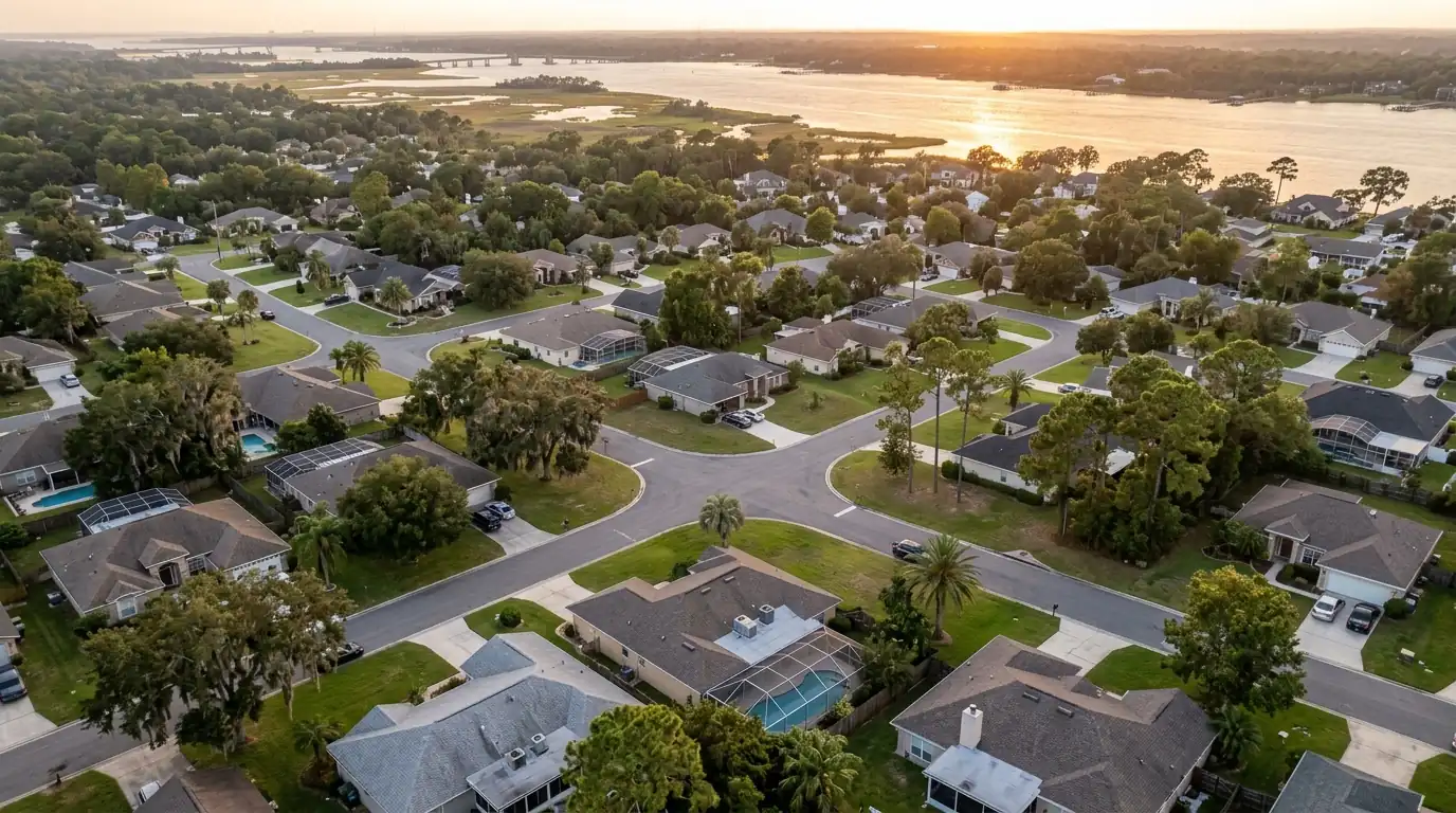 photo, aerial view of Duval County suburbs and the St Johns River at golden hour, rooftop condensers visible, Jacksonville Florida home, natural light, prestonreeves-jax-area-duval-county-1