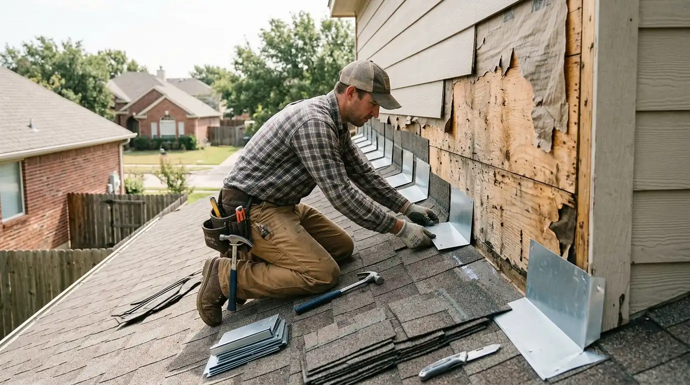 Step flashing installed along a wall