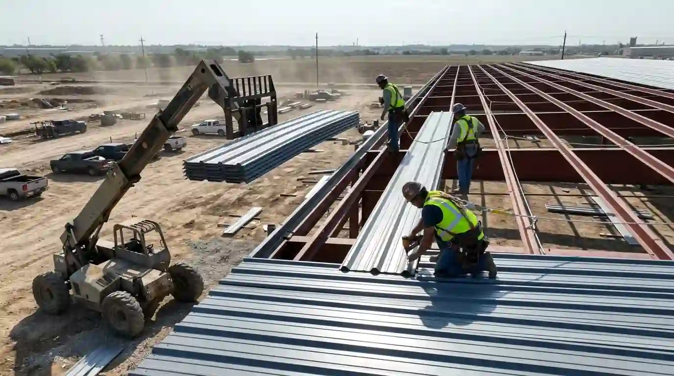 R-panel roof going on a Dallas warehouse