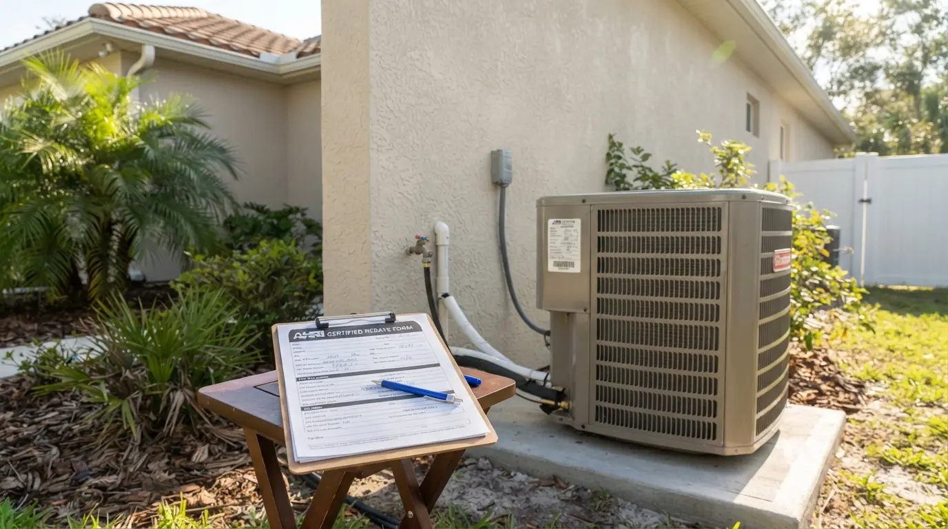 Rebate paperwork beside a new condenser in Jacksonville