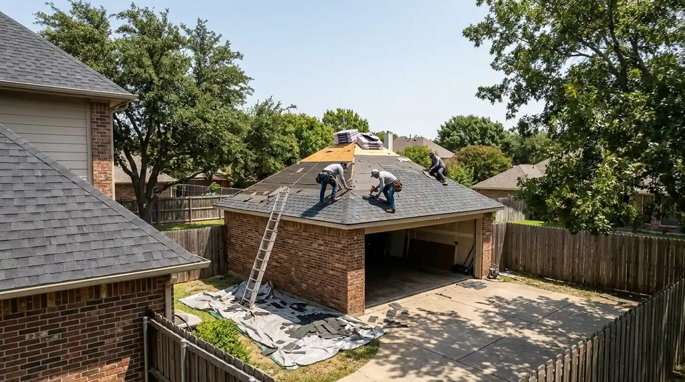 Detached garage re-roofed to match a Dallas home